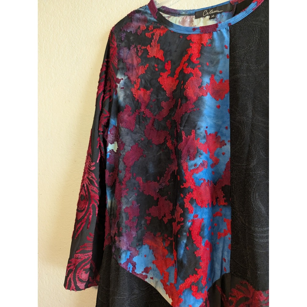 Calessa Womens XL Red‎ Blue Black Abstract Burnout Velvet Patchwork Tunic Top - Picture 7 of 15